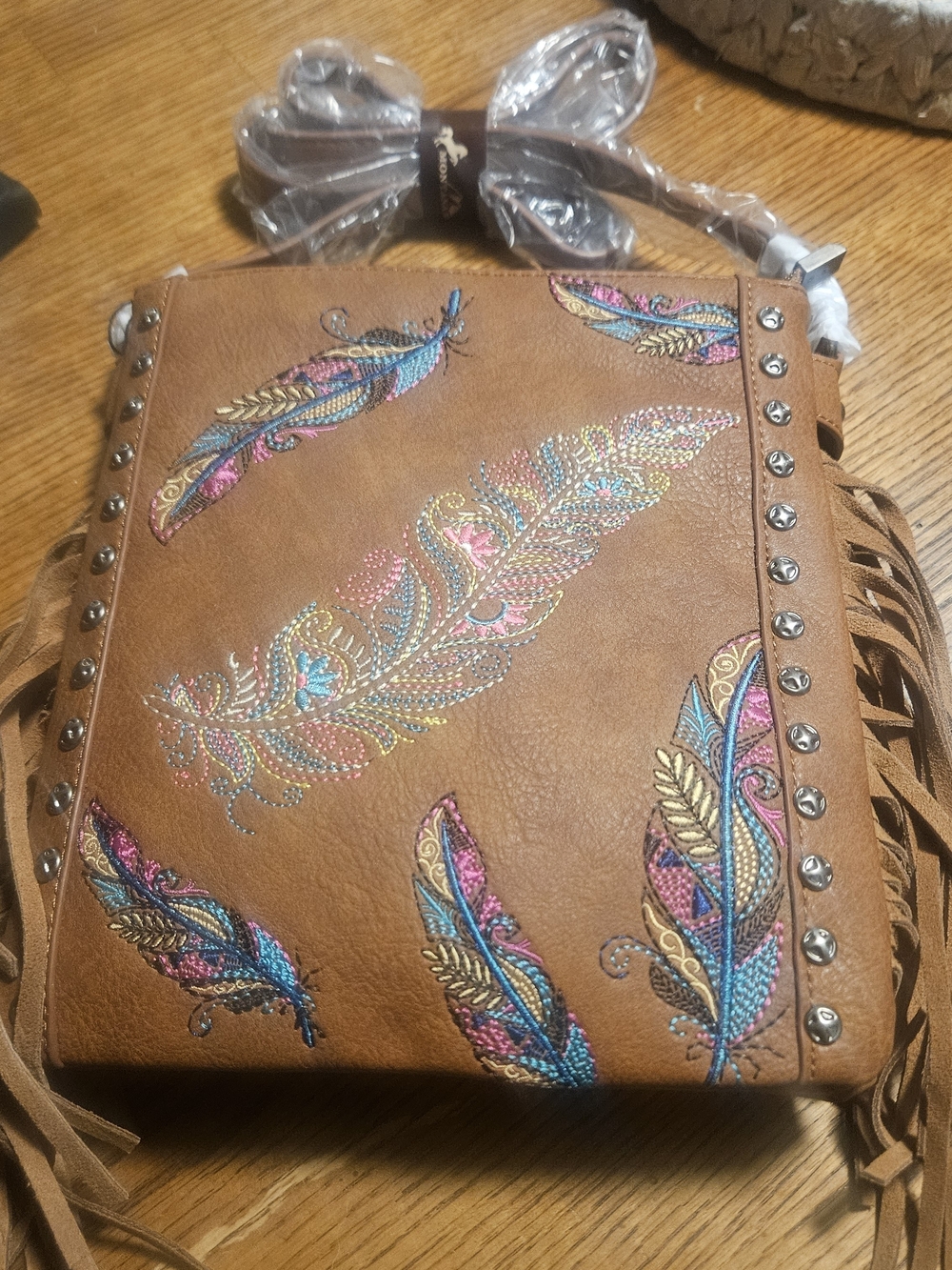 Montana West Tan Crossbody with Multicolor Feather Embroidery